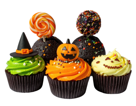 Festive Halloween treats cupcakes with witch hats, pumpkin faces, lollipops, and sprinkles - Powered by Adobe