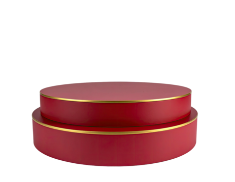 Two-tiered, red, circular pedestal with gold trim, isolated on a black background - Powered by Adobe