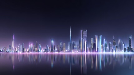 Cityscape at Dusk: A futuristic cityscape, illuminated with vibrant lights, reflects on the tranquil water, creating a mesmerizing scene that captures the spirit of urban progress and innovation.