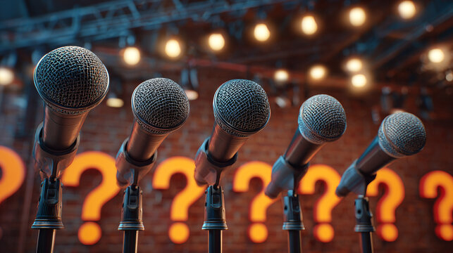 Row of metallic wired microphones with textured mesh heads on stands in a warm lit indoor stage setting featuring blurred orange question marks in the background