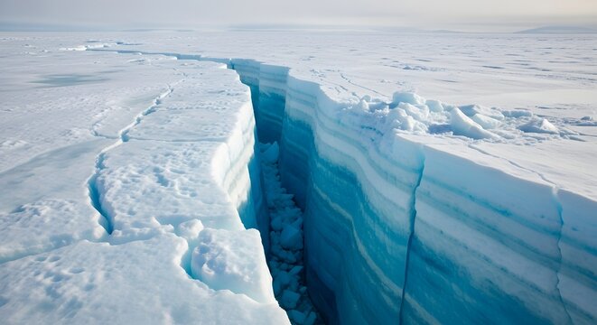 Aerial view of a massive crack in the icy landscape revealing deep blue crevices