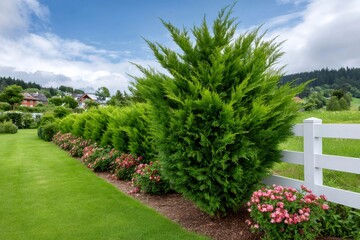 Obraz premium Landcaping garden with green bushes and flowers