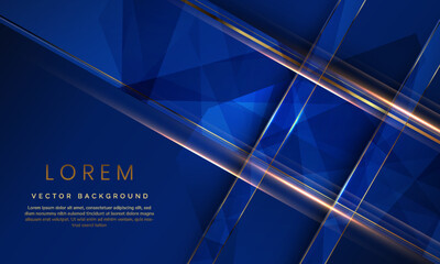 Abstract golden geometric shapes on dark navy blue background. Modern Luxurious bright golden lines with golden glitter decorate. Technology futuristic concept. Vector illustration