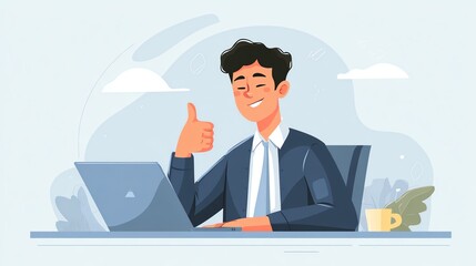 A cheerful businessman sitting at his desk, giving a thumbs-up gesture. A laptop is open in front of him, symbolizing productivity and a positive work environment.