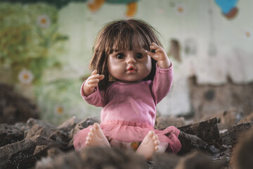 concept of horror of war for civilian population. lonely doll with a sad gaze sits abandoned in destroyed kindergarten, profound tragedy of war and its devastating impact on childhood.