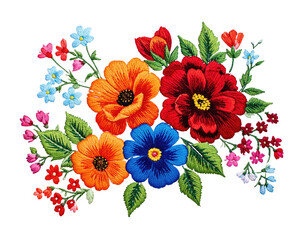 Colorful embroidered floral arrangement on a black background, with detailed stitching