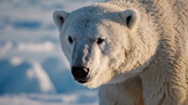 Close up of a majestic white polar bear walking on a snowy arctic landscape during daylight with harsh sunlight casting shadows and highlighting its fur texture and sharp claws on its paws detailed