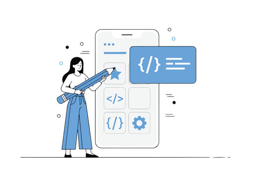 Woman coding on a digital device with abstract elements - Flat Vector Illustration, icon. Editable stroke. Colored vector illustration
