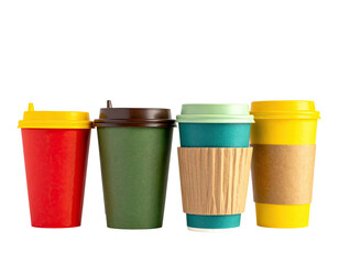 Four takeaway beverage cups, each with a different color, lids and cardboard sleeve