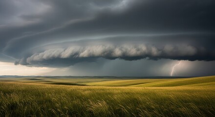Dramatic supercell thunderstorm looms over expansive rolling grasslands with visible lightning strike.