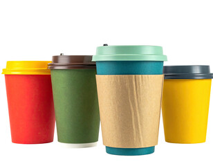 Four colorful to-go cups with lids, arranged on a dark background