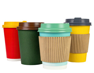 Four colorful to-go coffee cups with different lids and a corrugated sleeve