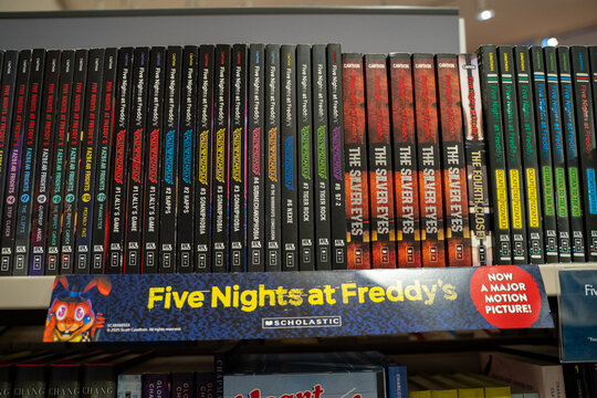 View of Five Nights at Freddy's book collection on store shelf. Toronto, Canada - December 3, 2025.
