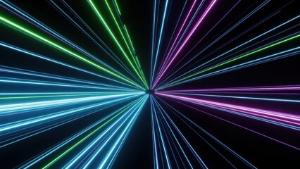 Abstract explosion of vibrant neon light streaks radiating outwards from a central point in darkness