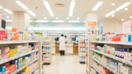 Fototapeta premium Blurred pharmacy interior showing pharmacist working behind counter with bright shelving