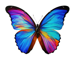 A vibrant, close-up photograph showcasing a butterfly with iridescent blue and purple wings