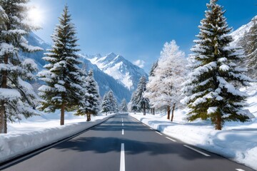 Obraz premium Winter mountain road winding through snowy forest scenery