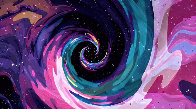 A vibrant abstract spiral of color, with shades of blue, pink, orange, green, and yellow swirling around a dark center dotted with stars