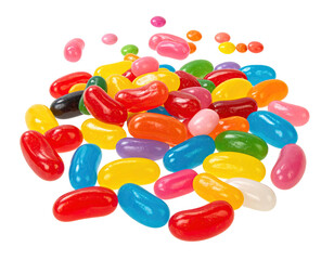 Close-up of a pile of colorful jelly beans with various shades and textures