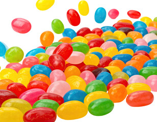 A vibrant cascade of jellybeans, assorted colors, scattered in a dynamic, angled view
