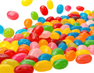 A vibrant cascade of jellybeans, assorted colors, scattered in a dynamic, angled view