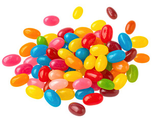 A vibrant pile of colorful, candy-coated jelly beans, scattered against a black background