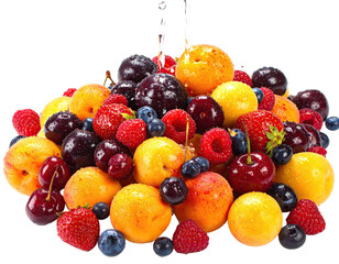 A vibrant pile of colorful, ripe fruit, including berries and stone fruit, isolated on a white backdrop