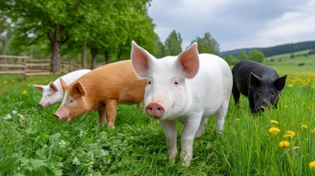 Piglets grazing in green pasture on farm