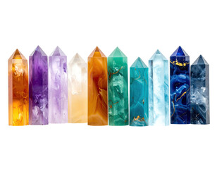 Collection of colorful, rectangular crystal towers, each uniquely colored, arranged horizontally