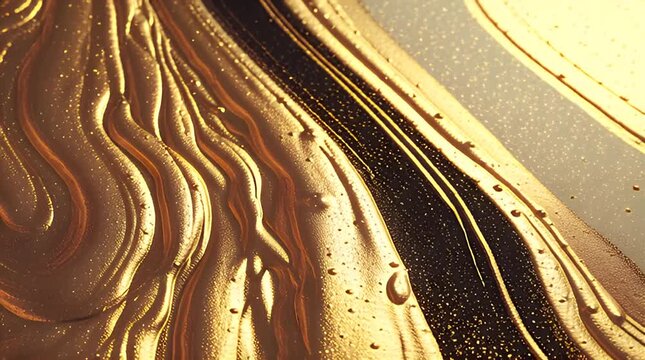 Abstract fluid gold texture with smooth, flowing, rippled, lines, and some black speckled parts. Bubbles and texture appear. A luxury feeling