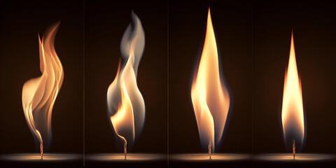 Sequence of four candle flames each exhibiting different shapes and intensities with warm orange and yellow hues