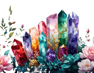 Watercolor illustration of colorful crystals amidst flora