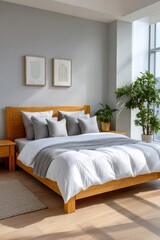 Fototapeta premium Minimalist bedroom interior with wooden bed and natural light