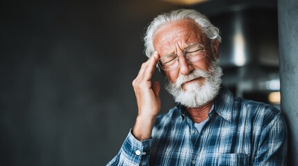 An elderly man experiences discomfort as he holds his head, depicting the challenges of aging and mental strain. The image encapsulates feelings of frustration and vulnerability.