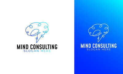 Mind consulting logo design. Symbol with brain and bubble chat concept for mental health icon. Psychotherapy vector illustration