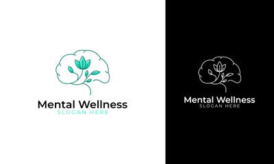 Mental wellness logo design. Brain symbol with nature or flower concept for emotion therapy