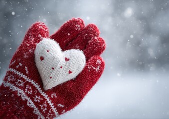 Hand in red mitten holding knitted white heart in snowy winter