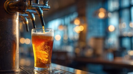Light Draft Cold Beer Pours Into a Clear Glass From a Crane in a Dimly Lit Pub During the Evening