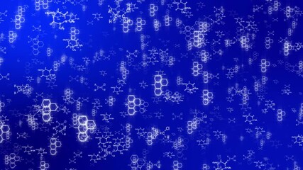 Dynamic blue background animation with glowing chemical structures for science, medicine and technology visuals, perfect for presentations and research