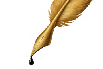 Golden quill pen with a black ink drop, representing timeless writing, communication, art, and knowledge, on a transparent background