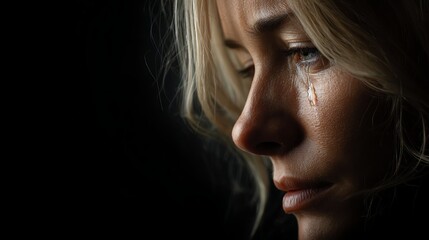 A close-up portrait capturing a woman in deep reflection, with a single tear rolling down her cheek, highlighting emotions of sorrow and vulnerability against a dark background.