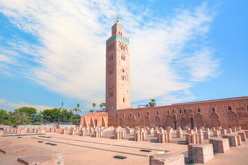Fototapeta premium Koutoubia Mosque minaret at medina quarter in the morning. Marrakesh, Morocco.