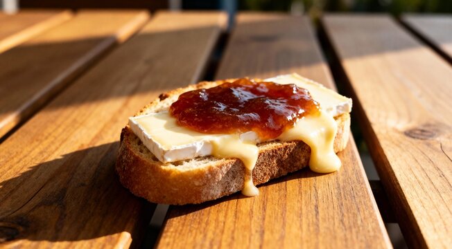 bread with jam and brie cheese on wooden table