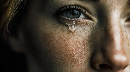 Naklejka premium A close-up image capturing the emotion of sorrow, showcasing a tear rolling down the cheek of a woman. The intricate details reflect vulnerability and the depth of human feelings.