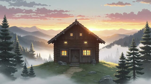 Mountain cabin serenity, Calm mountain refuge with mist and pine trees