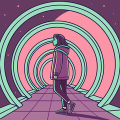 Woman walks through a surreal colorful tunnel with glowing arches