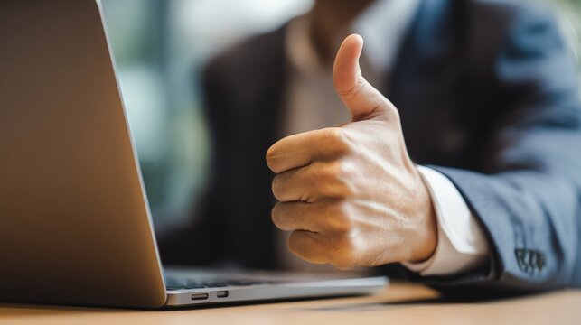 A business professional gives a thumbs up while working on a laptop, showcasing positivity and approval in a corporate environment, reflecting success and motivation.
