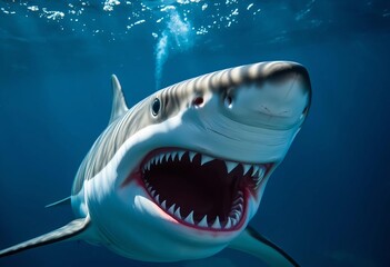 Powerful great white shark underwater, jaws slightly open, nature photography, wildlife photography