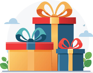 A vibrant stack of beautifully wrapped gift boxes with colorful bows, perfect for celebrations, holidays, birthdays, and special occasions, evoking joy and surprise