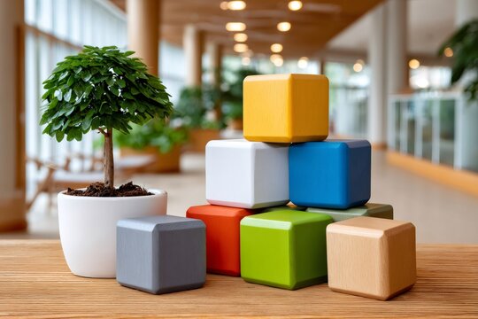 Colorful wooden blocks and bonsai tree on table